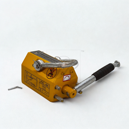 Yellow permanent magnetic lifter with a handle on a white background