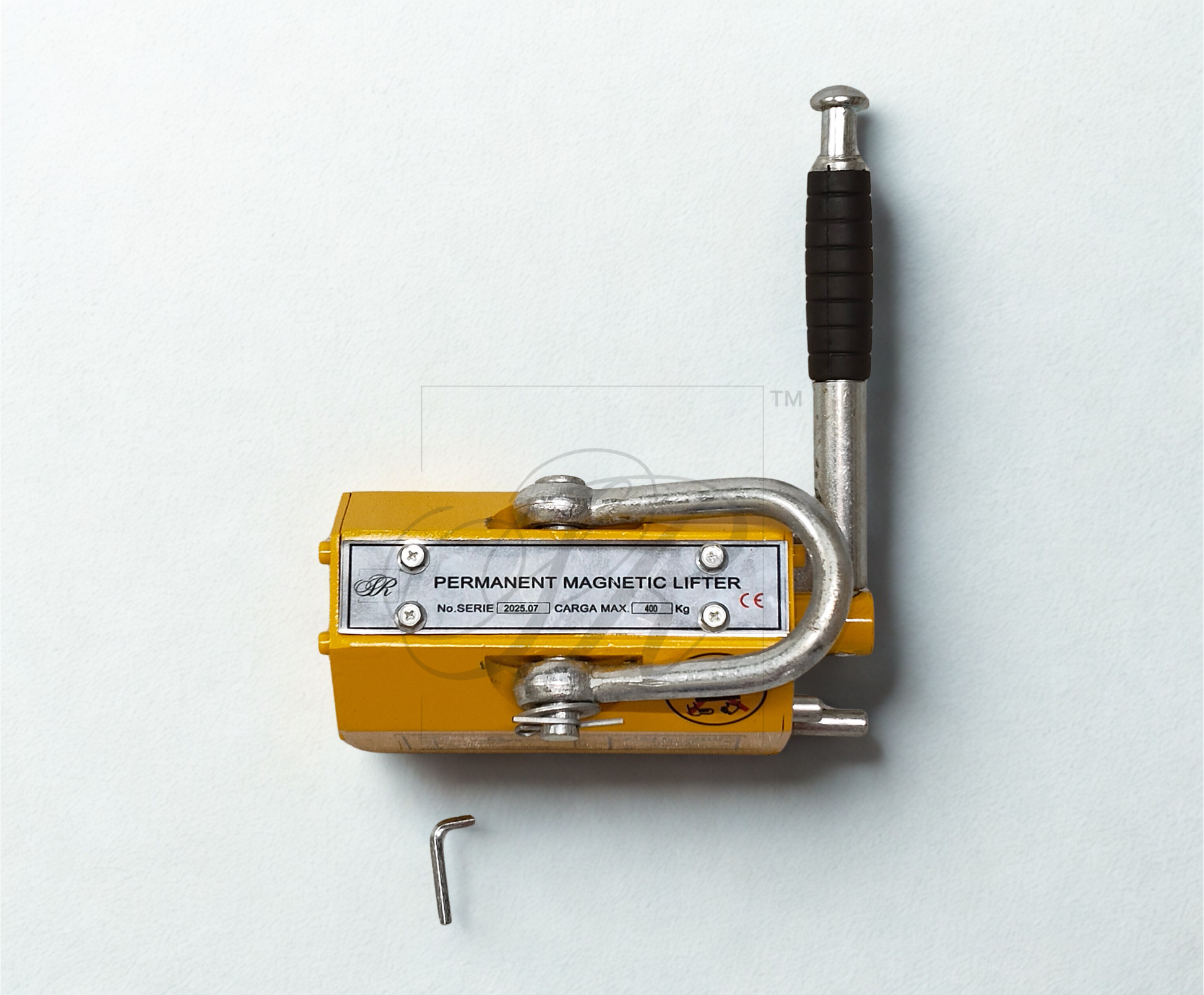 Permanent magnetic lifter with a yellow base and metal hook on a white background
