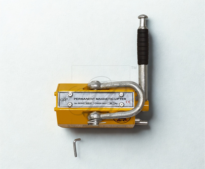 Permanent magnetic lifter with a yellow base and metal hook on a white background