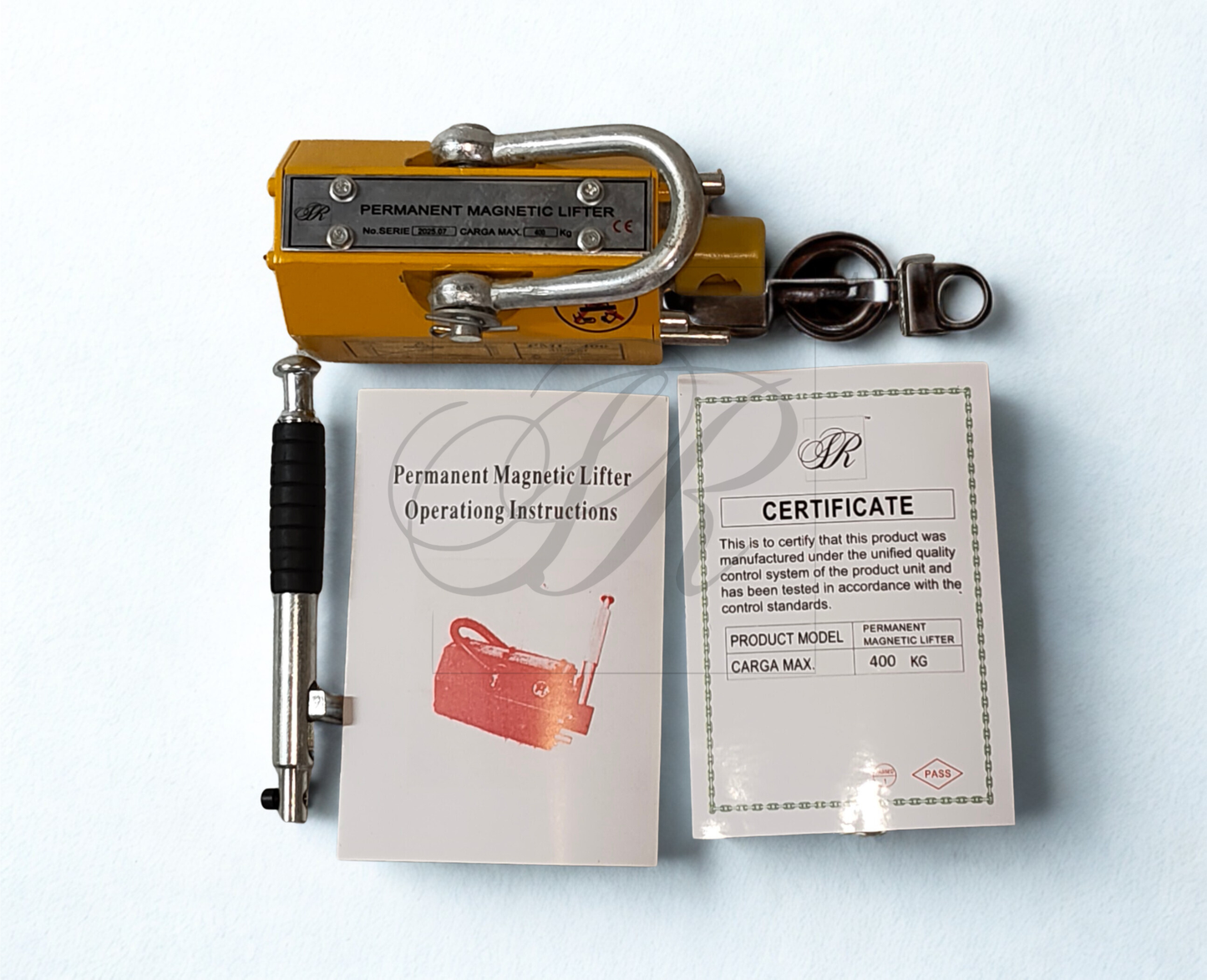 Permanent magnetic lifter with operating instructions and certificate on a light blue background