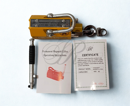 Permanent magnetic lifter with operating instructions and certificate on a light blue background