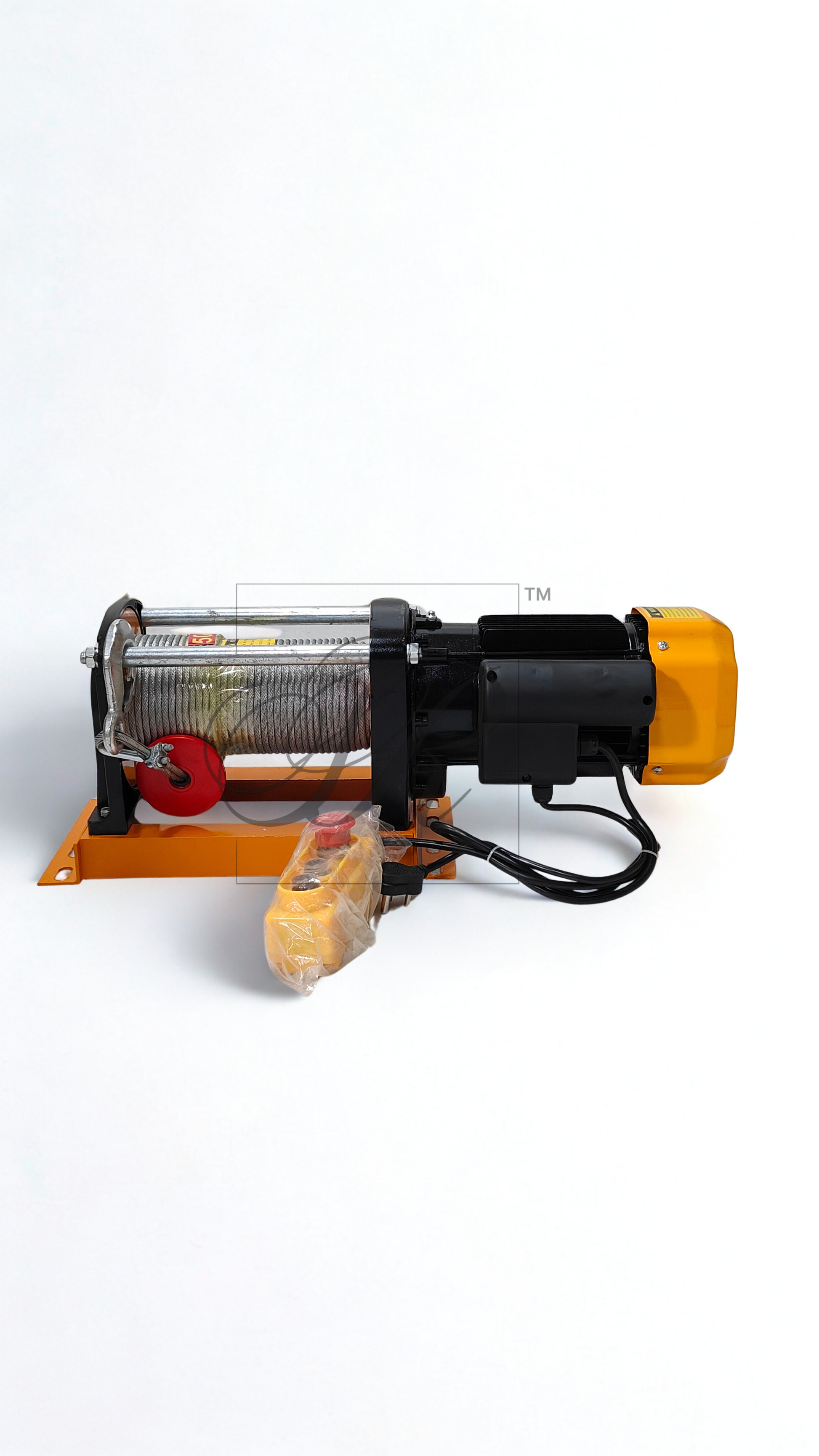 Mechanical winch with cable on a white background