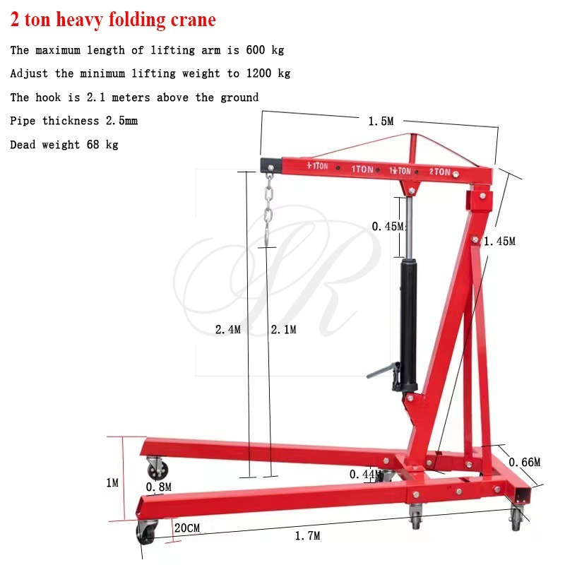 Red 2-ton heavy folding crane with dimensions and specifications on a white background